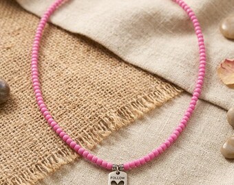 Handmade Hot Pink Seed Bead Necklace with “Follow Your Heart” Rectangle Pendant