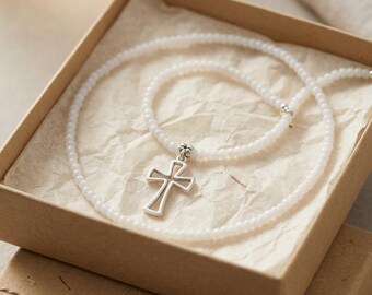 Handmade White Pearl Seed Bead Necklace with Metal Hollow Cross Pendant