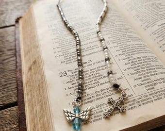 Handmade Christian Seed Beaded Bookmark with Angel & Cross Charms