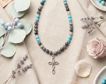 Turquoise & Grey Cross Beaded Necklace