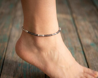 Handmade Silver, Clear & Dark Grey Beaded Anklet with Lobster Clasp
