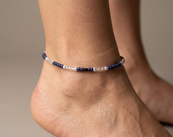 Handmade Dark Blue & Clear Beaded Anklet with Lobster Clasp