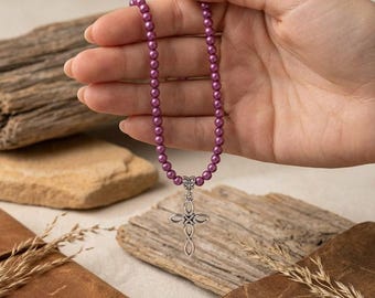 Handmade Maroon Seed Bead Necklace with Metal Link Cross Pendant