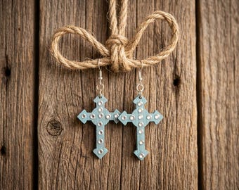 Light Green Patonce Cross Earrings – Rhinestones – Fish Hook – 2.5"