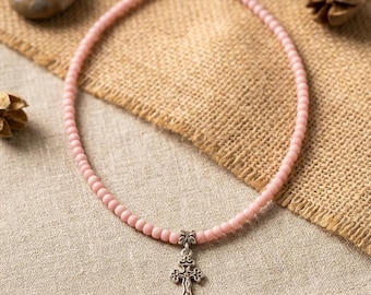 Handmade Light Pink Seed Bead Necklace with Small Hollow Cross Pendant