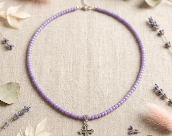 Handmade Light Purple Seed Bead Necklace with Small Ornate Hollow Cross Pendant
