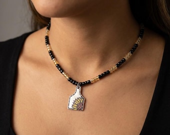 Handmade Yellow & Black Seed Bead Necklace with Sunflower Cow Tag Pendant