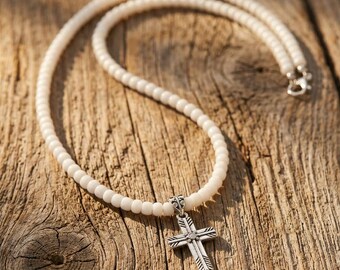 Handmade White Seed Bead Necklace with Metal Cross & Arrow Detail