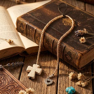 May include: A phone charm featuring a long strand of small, metallic gold beads, a white cross pendant with a dark crackle pattern, and a small silver-toned heart charm with embedded clear crystals, finished with a black cord loop.