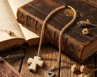 Handmade Christian Seed Beaded Bookmark with Large Stone Cross & Heart Charms