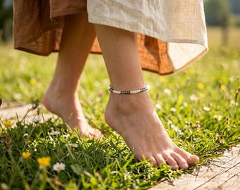 Handmade Pewter & Pearl Beaded Anklet with Lobster Clasp
