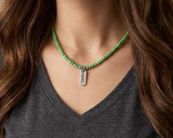 Handmade Green Seed Bead Necklace with Engraved “HOPE” Rectangle Pendant