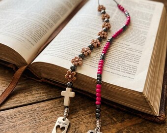 Handmade Christian Seed Beaded Bookmark with “Follow Your Heart” & Heart Charms