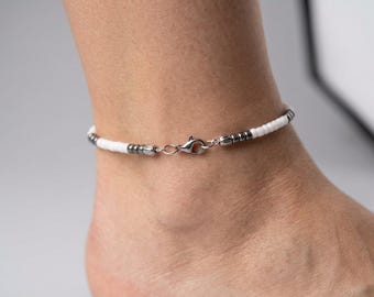 Handmade White & Grey Metal Beaded Anklet with Lobster Clasp