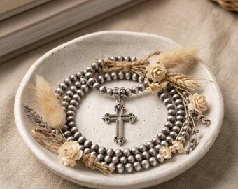 Handmade Pewter Seed Bead Necklace with Metal Hollow Cross Pendant