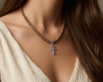 Handmade Pewter Gold Seed Bead Necklace with Small Ornate Cross Pendant