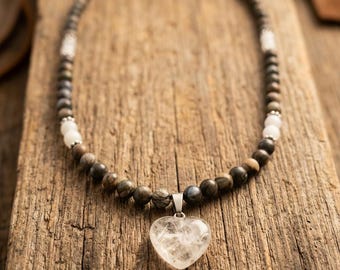 Handmade Grey & White Stone Bead Necklace with Clear White Stone Heart Pendant