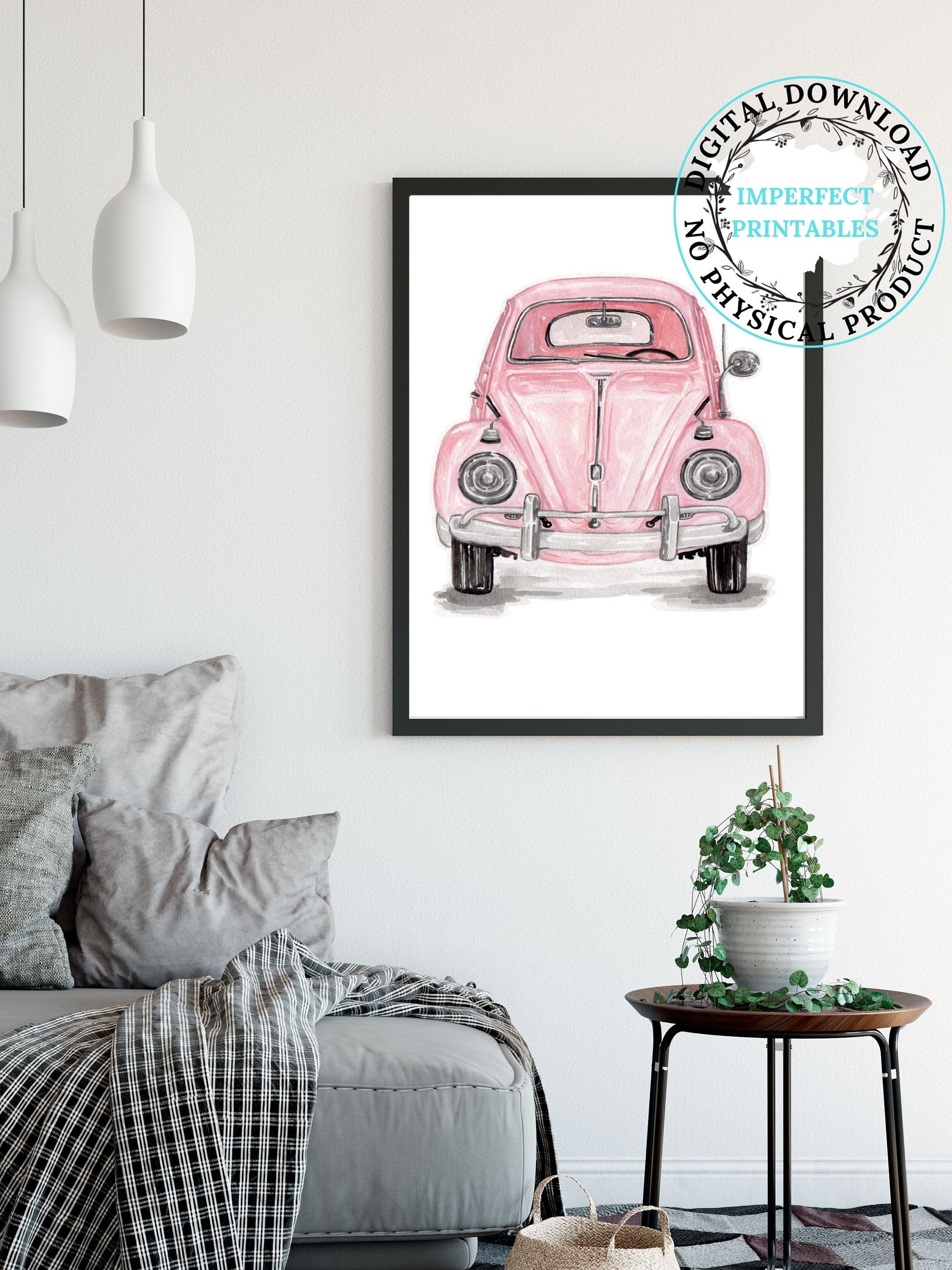 Pink VW Bug watercolor art Printable Wall Art Watercolor Etsy