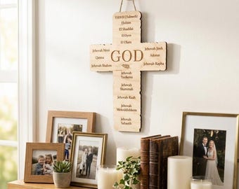 Names of God Engraved Wood Cross – 7x10 Natural Wood Christian Wall Decor