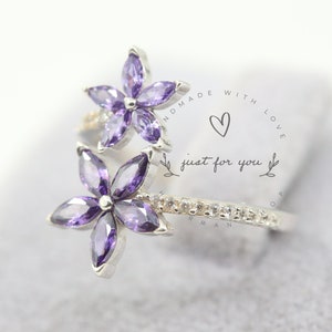 Purple Flower Silver Ring, Handmade Jewelry, Gifts for Her