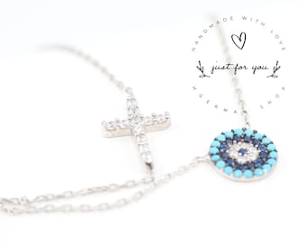 Sterling Silver Cross Necklace, Evil Eye Charm, Protection Jewelry