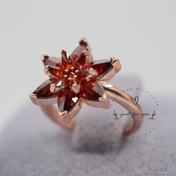 Bague en argent sterling Fleur de lotus rouge, bijoux faits à la main, bague réglable, cadeaux pour elle