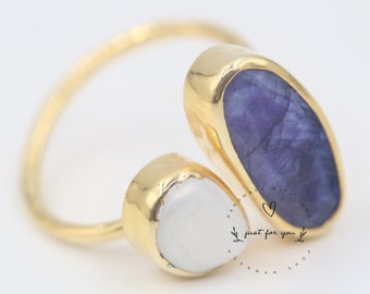 Natural Pearl and Sapphire Silver Ring, Raw Stone Ring, Handmade Jewelry