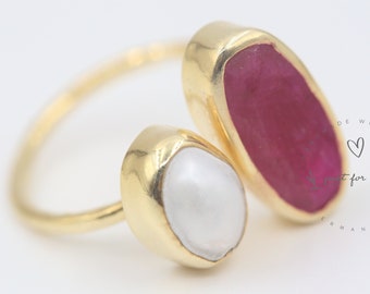 Anillo de plata de perla natural y rubí, anillo de piedra cruda, joyería hecha a mano