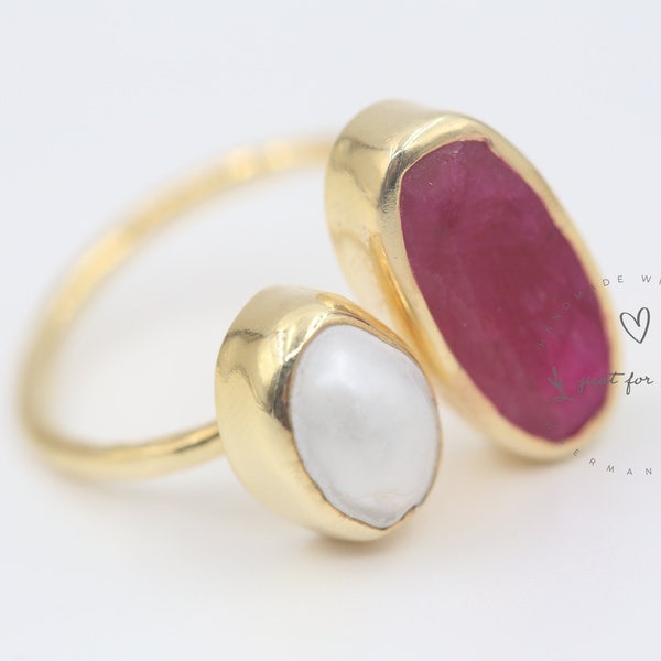 Natural Pearl and Ruby Silver Ring, Raw Stone Ring, Handmade Jewelry