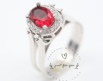 Reversible Ruby Emerald Sterling Silver Ring, Handmade