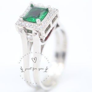 Viereckig geschliffener Smaragd und Rubin 2 Band Ring, Zwei in einem Ring, Zweiseitiger Ring, Sterling Silber Ring, handgemachter Schmuck