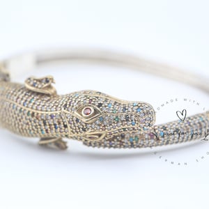 Crocodile Cubic Zircon Bracelet, Sterling Silver Bracelet, Animal Bracelet, Bracelet with Ruby Eye, Handmade Jewelry, Gift for Her