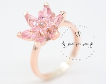 Pink Lotus Flower Silver Ring