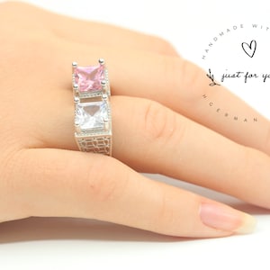 Square Cut Pink Morganite and Diamond Sterling Silver Ring, Two in a One Unique Reversible Ring, Two Sided Ring, Handmade Jewelry