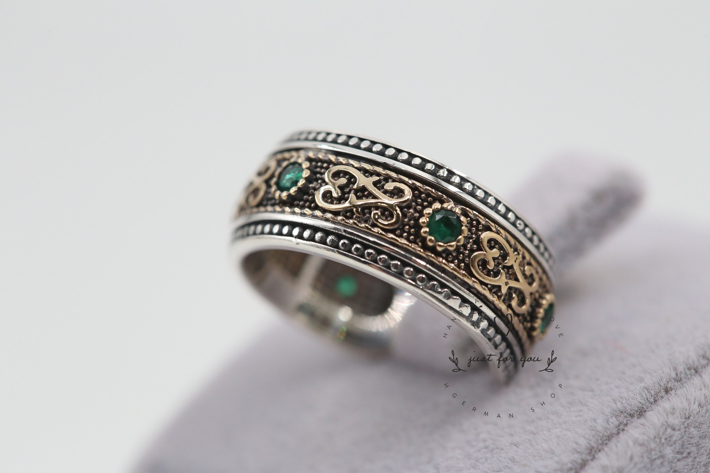 Silver Sterling Adjustable Ring, Handmade Ring, Ottoman Design, Emerald and Turquoise Ring