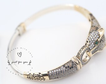 Jaguar Panther Leopard Cubic Zircon Bracelet, Sterling