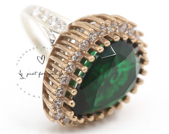 Handmade Emerald Ring, Dainty Cubic Zircon 925 Sterling Silver Ring, Ottoman Hurrem Style Turkish Jewelry, Gift for Women, Gift for Her