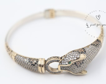 Jaguar Panther Leopard Cubic Zircon Bracelet, Sterling Silver Bracelet, Gift for Her, Leopard Bracelet, Cheetah Bracelet, Cat Bracelet,Tiger