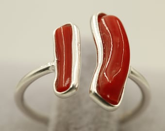 Natural Coral Silver Ring, Raw Stone Ring, Red Coral Ring, 925 Sterling Ring, Adjustable Size