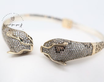 Jaguar Panther Leopard Cubic Zircon Bracelet, Sterling Silver Bracelet, Gift for Her, Leopard Bracelet, Cheetah Bracelet, Cat Bracelet,Tiger