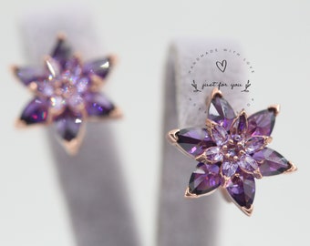 Purple Lotus Flower Earring in Rose Sterling Silver, Floral Earring, Rose Silver Earring, Boho Flower Earring,Sterling Silver Flower Earring