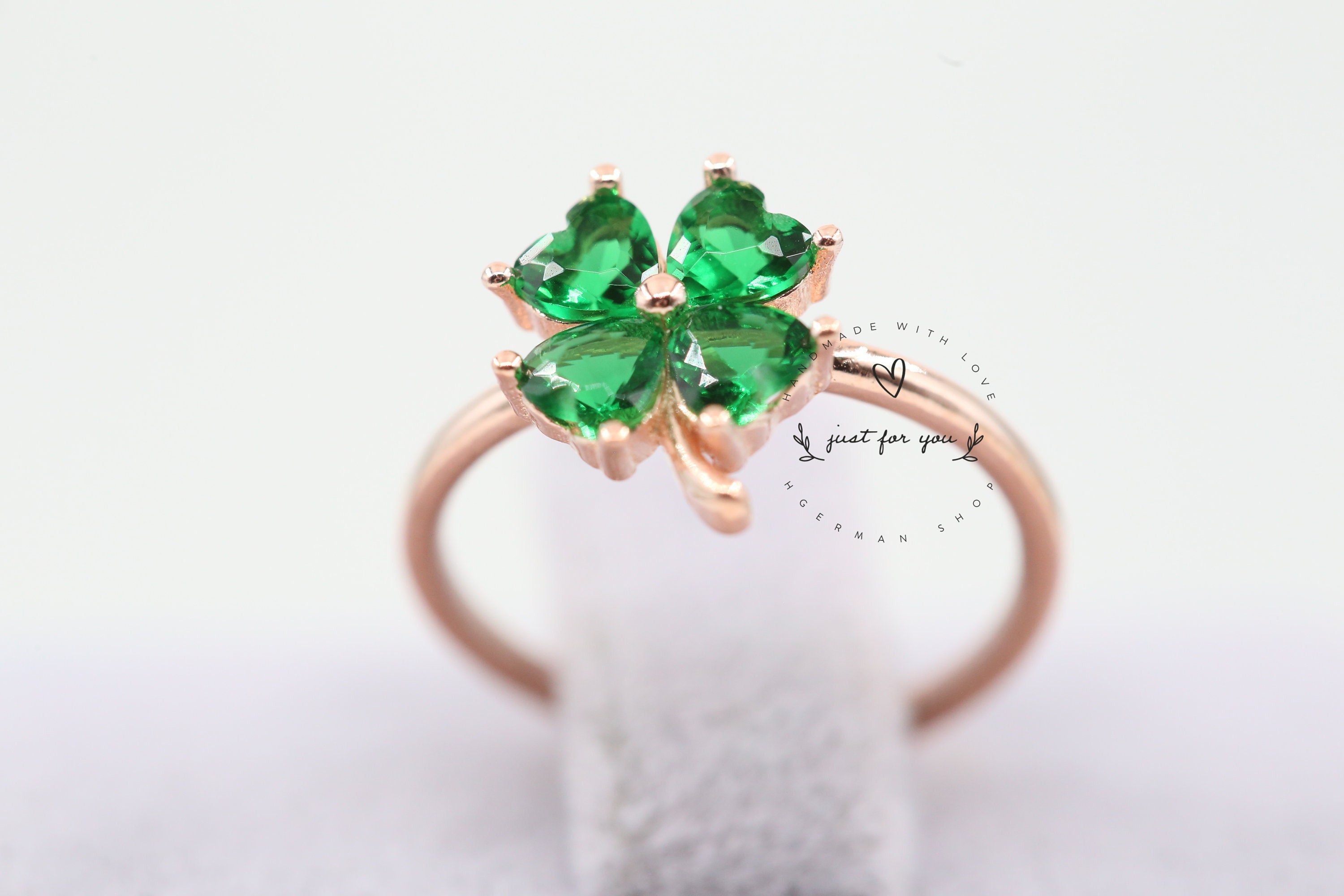 Emerald Green Four Leaf Clover Sterling Silver Adjustable Ring