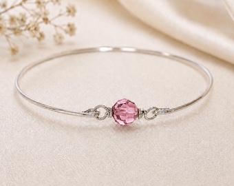 October Birthstone Bracelet: Rose Pink Swarovski Crystal, Silver Filled Bangle