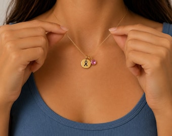 Gold Breast Cancer Awareness Necklace: Ribbon & Birthstone, Survivor Gift