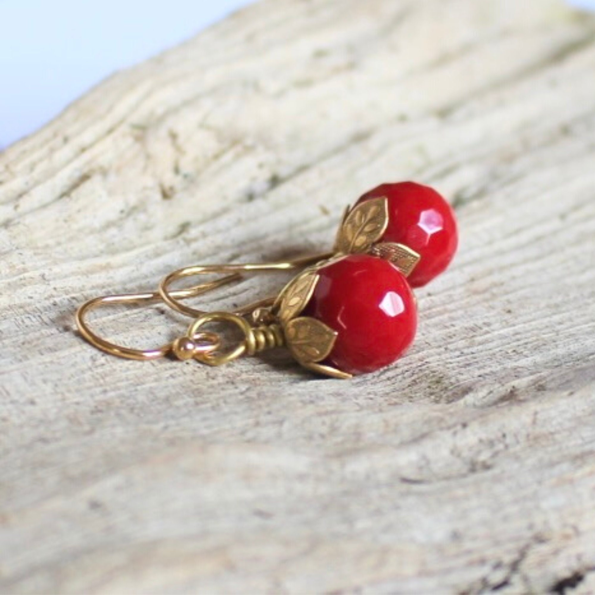 Red Coral Earrings Gift for Her Coral Jewelry Red and Gold