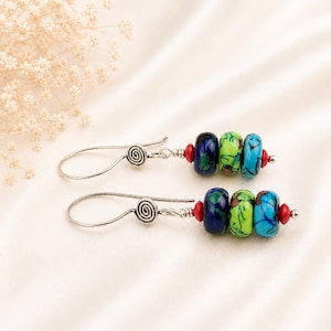 Multicolored Porcelain Dangle Earrings, Ornate Sterling Silver Earwires, Handmade Ceramic Jewelry