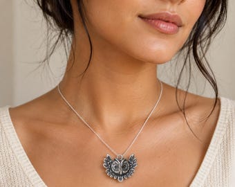 Oxidized Sterling Silver Owl Pendant Necklace: Forest Bird Jewelry