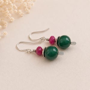 Green Jade and Ruby Sterling Silver Dangle Earrings