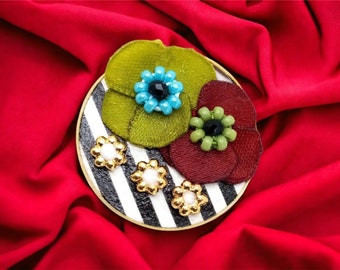 Round brooch Flower Collection entirely handmade with papers, rye straw, ribbon flowers and miyuki beads