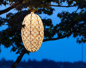 Indoor/Outdoor Tyvek® Fabric Pendant Lamp 22″ - Soji Stella Nova Geo Palm Pod Bright White